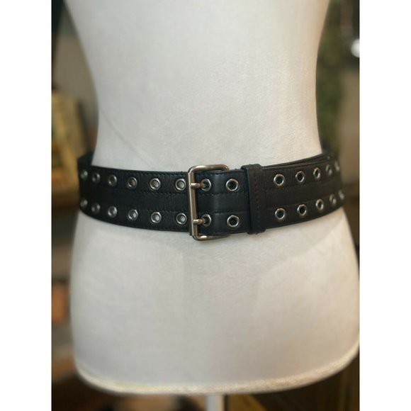 Prada Accessories - PRADA Black Leather Silver Grommet Belt